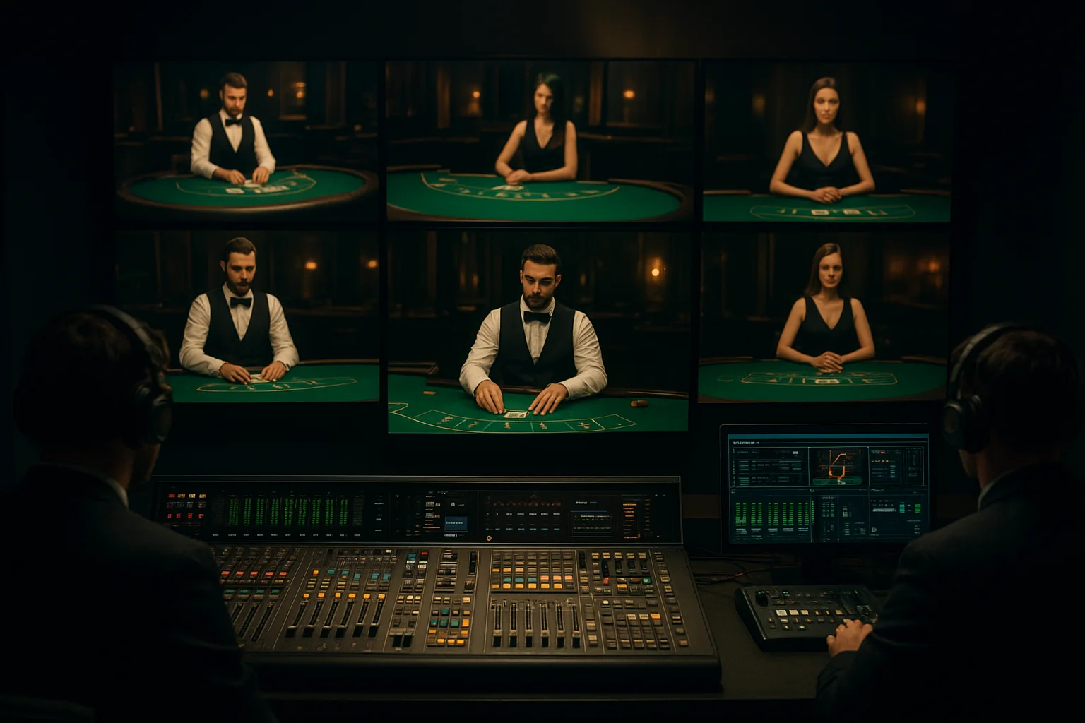Behind the scenes live dealer casino television broadcast control room and optical card scanners